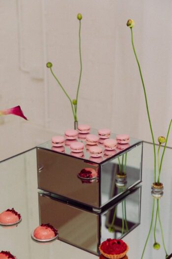 Mirrored Riser with desserts. Mirror plinth hire. On Trend Event Hire Melbourne