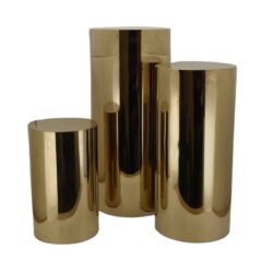 On Trend Event Hire. Round Gold Plinths set of three. Plinths Melbourne