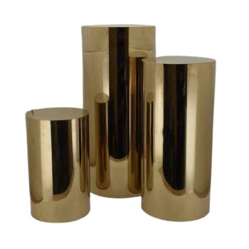 On Trend Event Hire. Round Gold Plinths set of three. Plinths Melbourne