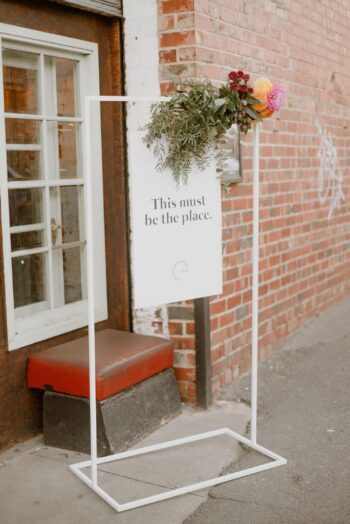 White signage stand. Wedding welcome sign. On Trend Event Hire Melbourne