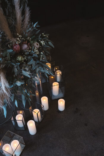 On Trend Event Hire. Black Lanterns with LED pillar candles.