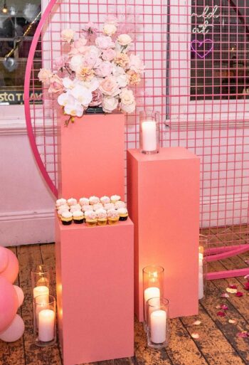 On Trend Event Hire. Pink Plinths with Pink Mesh Screen. Melbourne.