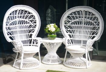 Two White Peacock Chairs. Wedding Richmond - On Trend Event Hire