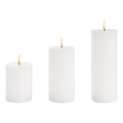 Flameless real wax White LED Pillar Candles set of three. Wedding and event hire Melbourne. On Trend Event Hire.