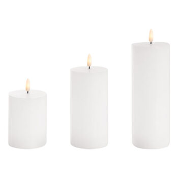 Flameless real wax White LED Pillar Candles set of three. Wedding and event hire Melbourne. On Trend Event Hire.