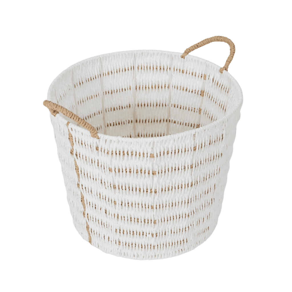 White rope basket with handles. Parasol basket. On Trend Event Hire.