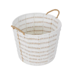 White rope basket with handles. Parasol basket. On Trend Event Hire.