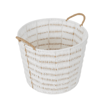 White rope basket with handles. Parasol basket. On Trend Event Hire.