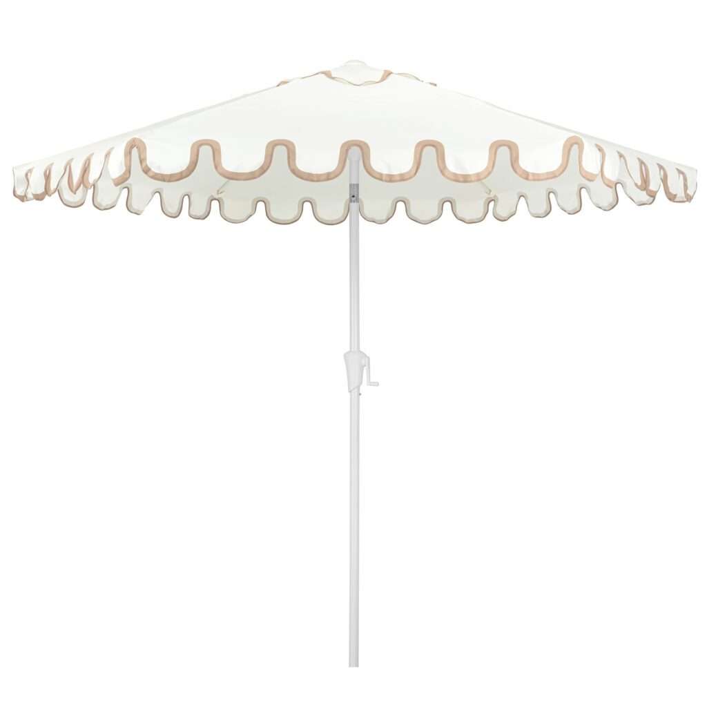 White Scalloped Edge Outdoor Umbrella. On Trend Event Hire