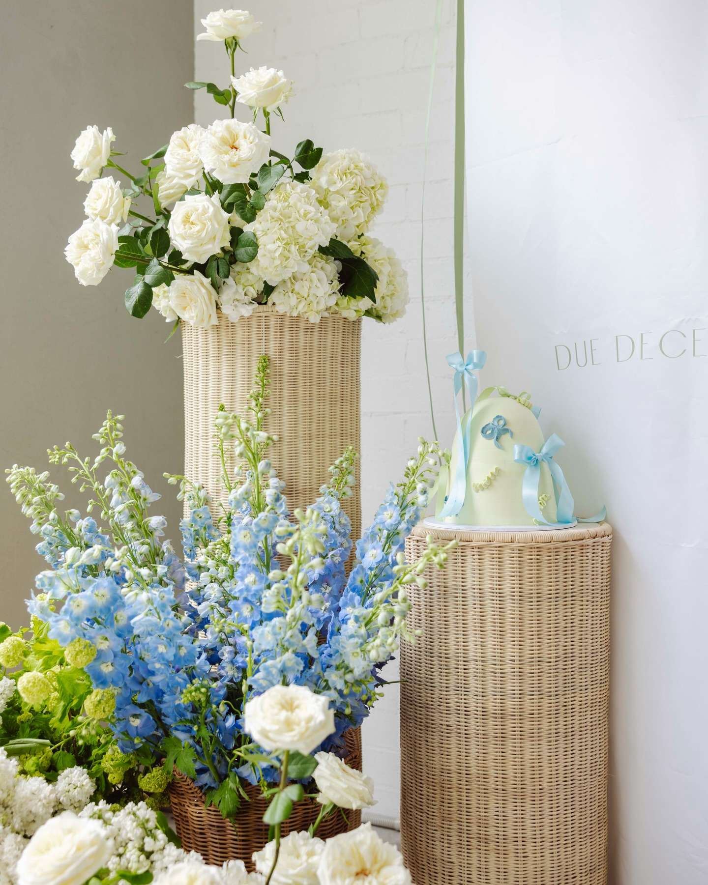 Wicker Plinths Baby Shower. On Trend Event Hire